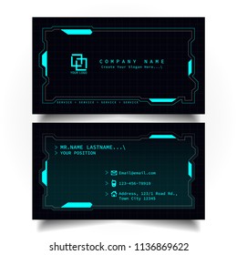 Creative modern name and business card with the design of sci-fi, hi-tech style and dark Blue color theme, horizontal standard size, vector and illustration EPS10 template