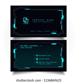 Creative modern name and business card with the design of sci-fi, hi-tech style and dark Blue color theme, horizontal standard size, vector and illustration EPS10 template