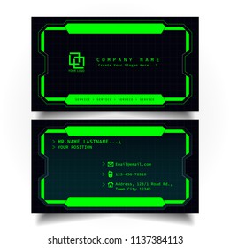 Creative modern name and business card with the design of sci-fi, hi-tech style and dark Green color theme, horizontal standard size, vector and illustration EPS10 template