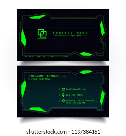 Creative modern name and business card with the design of sci-fi, hi-tech style and dark Green color theme, horizontal standard size, vector and illustration EPS10 template