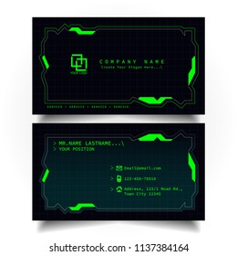 Creative modern name and business card with the design of sci-fi, hi-tech style and dark Green color theme, horizontal standard size, vector and illustration EPS10 template