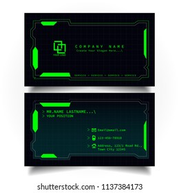 Creative modern name and business card with the design of sci-fi, hi-tech style and dark Green color theme, horizontal standard size, vector and illustration EPS10 template