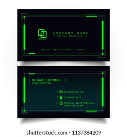 Creative modern name and business card with the design of sci-fi, hi-tech style and dark Green color theme, horizontal standard size, vector and illustration EPS10 template