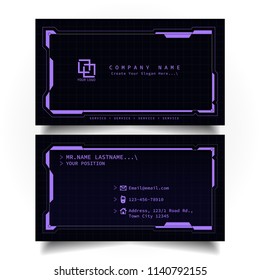 Creative modern name card and business card with the design concept of sci-fi, hi-tech style and dark Purple color theme, horizontal standard size, vector and illustration EPS10 template