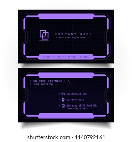 Creative modern name card and business card with the design concept of sci-fi, hi-tech style and dark Purple color theme, horizontal standard size, vector and illustration EPS10 template