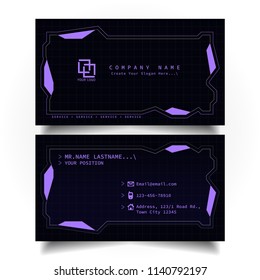 Creative modern name card and business card with the design concept of sci-fi, hi-tech style and dark Purple color theme, horizontal standard size, vector and illustration EPS10 template