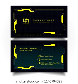 Creative modern name card and business card with the design concept of sci-fi, hi-tech style and dark Yellow color theme, horizontal standard size, vector and illustration EPS10 template