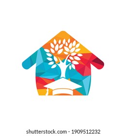 Diseño del logotipo de Educación de naturaleza moderna y creativa. Tapa de graduación con el logotipo de iconos de árbol y hogar.	