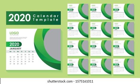 Creative and Modern New Year Calendar, 2020 Desk Calendar Design Template, Green Color Calendar 2020