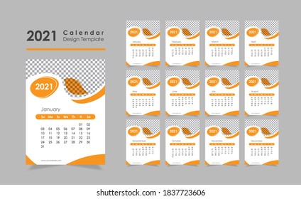 Creative and Modern New Year Calendar, 2021 Wall Calendar Design Template, Yellow Color Calendar 2021