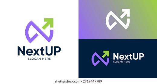 Kreative moderne Next-up-Logo-Vorlage. Initial N mit Pfeil nach oben für Financial Management Logo Design, Vektorgrafik.