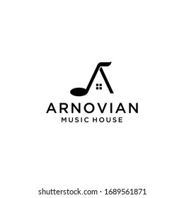 Música creativa de notas modernas con la plantilla de diseño del logo de la casa.