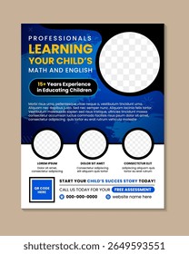 Criativo e moderno on-line escola crianças educação admissão Flyer Poster Template. profissionais aprendendo seu projeto brochura crianças em layout vertical com espaço para colagem de fotos.