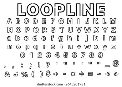 Creative modern outline font showcasing uppercase, lowercase letters, numbers, and symbols in unique Loop line style on white background.
