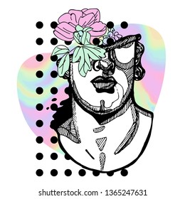 Creative modern pink calligraphy poster. Greek youth sculpture. T-Shirt Design & Printing, clothes, bags, posters, invitations, cards, leaflets etc. Vector illustration hand drawn.