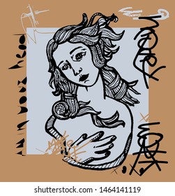 Creative modern pink calligraphy poster. Greek antique sculpture and painting. T-Shirt Design & Printing, clothes, bags, posters, invitations, cards, leaflets etc. Vector illustration hand drawn.