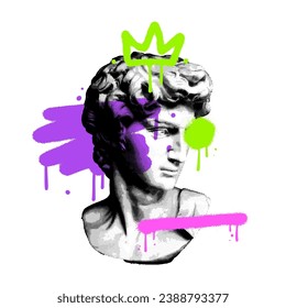 Creative modern pop art poster with Antique sculpture bust and grungy graffiti abstract elements. T-Shirt Design, Printing, clothes, bags, posters, invitations, cards. Vector illustration hand drawn.