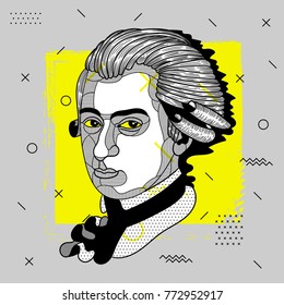 Creative modern portrait of composer and musician Wolfgang Amadeus Mozart. T-Shirt Design & Printing, clothes, bags, posters, invitations, cards, leaflets etc.  Vector illustration hand drawn. 