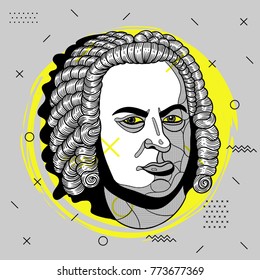 Creative modern portrait of composer and musician Johann Sebastian Bach. T-Shirt Design & Printing, clothes, bags, posters, invitations, cards, leaflets etc. Vector illustration hand drawn.