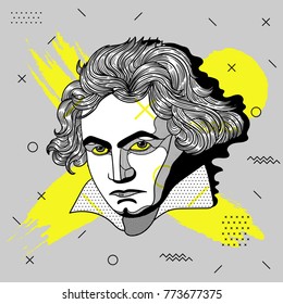 Retrato moderno criativo do compositor e músico Ludwig van Beethoven. T-Shirt Design & Impressão, roupas, bolsas, cartazes, convites, cartões, folhetos etc ilustração vetorial desenhada à mão.