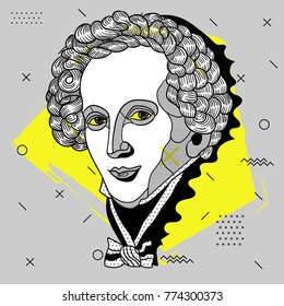 Creative modern portrait of composer and musician. T-Shirt Design & Printing, clothes, bags, posters, invitations, cards, leaflets etc. Vector illustration hand drawn. Jakob Ludwig Felix Mendelssohn B