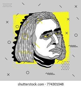 Creative modern portrait of composer and musician. T-Shirt Design & Printing, clothes, bags, posters, invitations, cards, leaflets etc. Vector illustration hand drawn. Franz Liszt