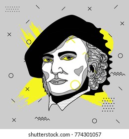 Creative modern portrait of composer and musician. T-Shirt Design & Printing, clothes, bags, posters, invitations, cards, leaflets etc. Vector illustration hand drawn.  