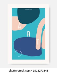 Creative and modern poster template with organic abstract shapes in blue, white, pastel pink and navy colors. Contemporary collage wall art, flyer, newsletter, greeting card, packaging and branding d