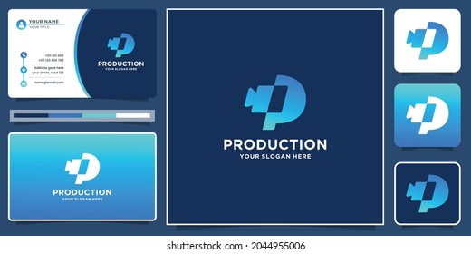 creative modern production logo with initial letter p and camera in silhouette shape.