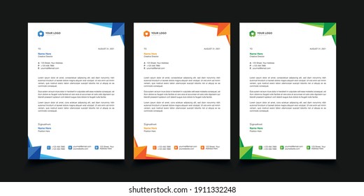 Creative modern and professional corporate business Letterhead design templates. Color orange yellow green blue