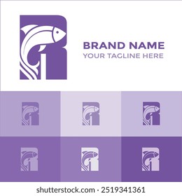 logotipo criativo moderno R carta peixe com ícone colorido vetor