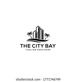 Creative modern real estate building near beach sign logo design template