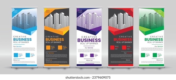 creative modern roll up banner design in blue, yellow, purple, red and green with light and dark mode for print ready colors