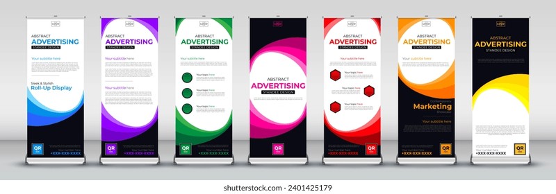 creative Modern roll up Banner Signboard Advertising standee Template set in red, green, blue, yellow, orange, purple, pink