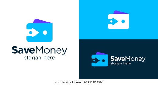 Creative modern save money logo template. Wallet with arrow for Money saving management logo design vector illustration.