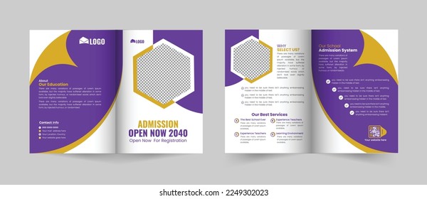 Creative and Modern School admission bifold brochure template, Bifold Brochure School education flyer half fold vector layout.	
