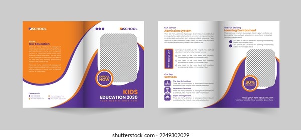 Creative and Modern School admission bifold brochure template, Bifold Brochure School education flyer half fold vector layout.	
