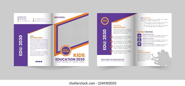 Creative and Modern School admission bifold brochure template, Bifold Brochure School education flyer half fold vector layout.	
