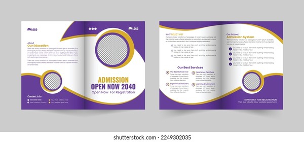 Creative and Modern School admission bifold brochure template, Bifold Brochure School education flyer half fold vector layout.	
