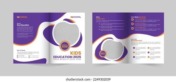 Creative and Modern School admission bifold brochure template, Bifold Brochure School education flyer half fold vector layout.	
