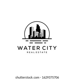 Creative Modern sea city Real Estate Property and Construction Logo design illustration