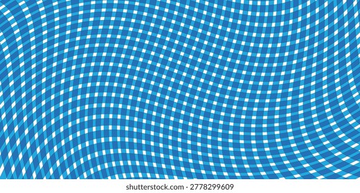 A creative and modern seamless pattern featuring a distorted wavy gingham plaid design. The visual showcases a dynamic interplay of flowing blue and white lines, creating a unique optical illusion and sense of motion. Perfect for contemporary textile prints, innovative packaging, creative web backgrounds, and stylish digital wallpapers.