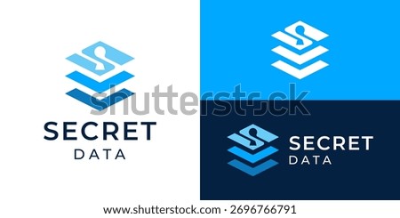 Creative modern secret data logo template. Stack data document with abstract letter S key hole for storage server logo design vector illustration.