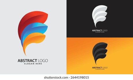 Creative Modern Sleek and colorful leaf-style abstract 3D logo design with layered feather and leaf elements in vibrant red, blue and orange gradients. Perfect for business, innovation, digital brand.