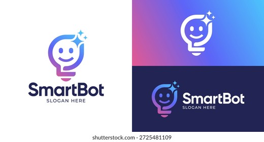 Plantilla de logotipo de bot inteligente moderno creativo. Bombilla con Ilustración vectorial de diseño de logotipo de bot de cara de sonrisa.