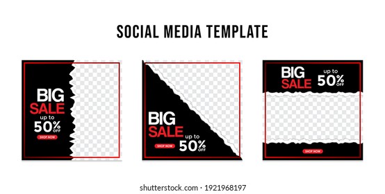 Creative modern social media template banner collection. Big sale 50% vector template with black and red border