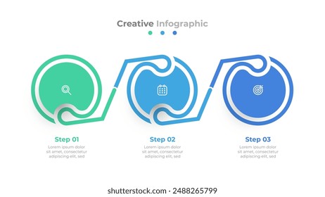 Creative and modern style infographic template. Business process label design with circles and icons. Ideal for annual reports with 3 steps or options.