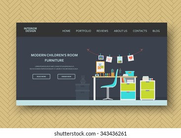 Creative modern teenager artist room interior with furniture, brushes and drawing easel. Art-working process. Horizontal banner on wooden pattern backdrop. Vector illustration. Flat design. Icons set.