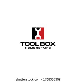 Caja de herramientas moderna y creativa con símbolo del vector del logotipo en llave 
