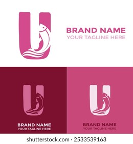 Logo de pez de letra U moderno creativo con Vector de icono colorido